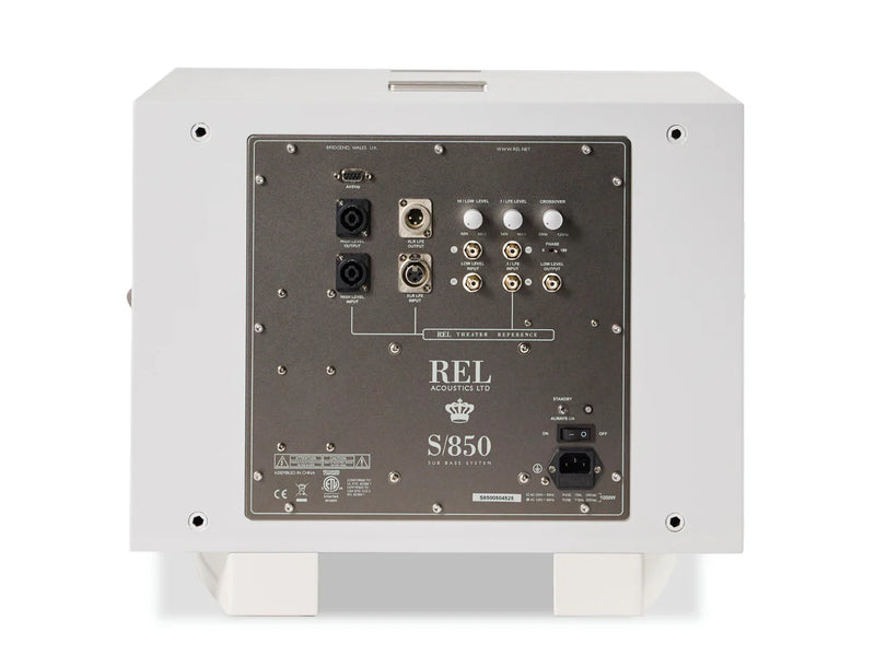 Back panel of a white subwoofer with REL branding on a white background