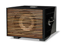 Black subwoofer with REL branding and a wooden slatted cover on a white background